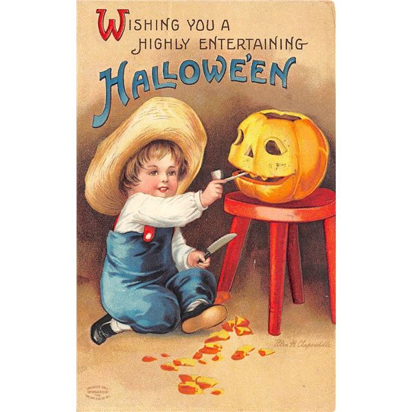 Clapsaddle Halloween Child Carving Pumpkin Holiday Postcard