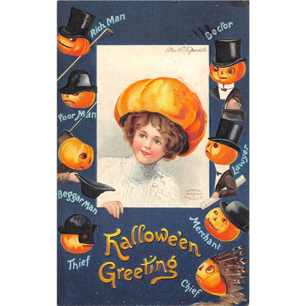 Clapsaddle Halloween Lady wearing Pumpkin Hat Holiday PC