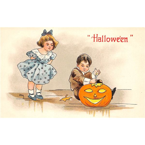 HBG Boy & Girl with Pumpkin Holiday Greeting Postcard
