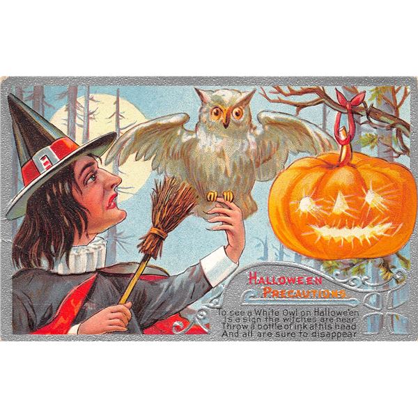 Silver Border Nash Halloween Witch, Bat & JOL Holiday Postcard