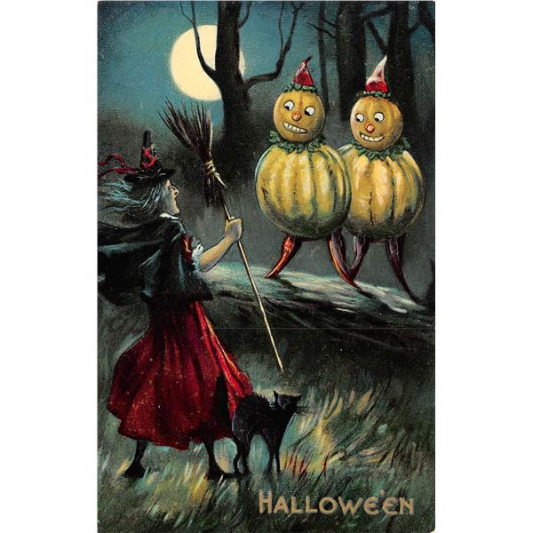 Valentine Halloween Witch, Cat & Pumpkins In Moonlight Holiday Greeting PC