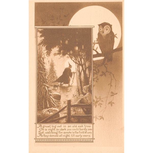 Sepia Gibson Witch & Owl Halloween Holiday Greeting PC