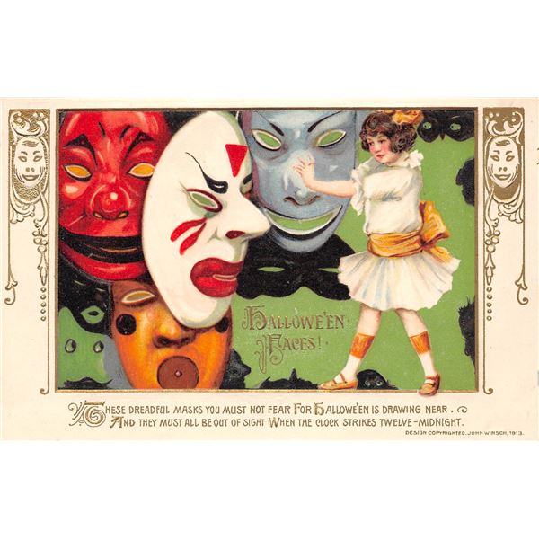 Winsch Mask Series Girl Halloween Holiday Greeting Postcard