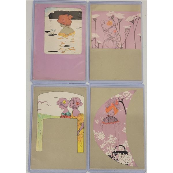 Group of 7 Purple Background M.M. Vienne Pretty Women Art Nouveau Postcards