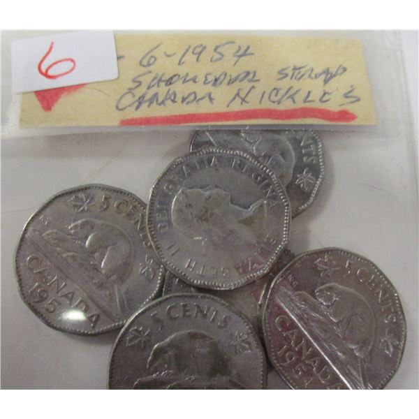 LOT OF 6 - 1954 CANADA SHOULDER STRAP NICKELS