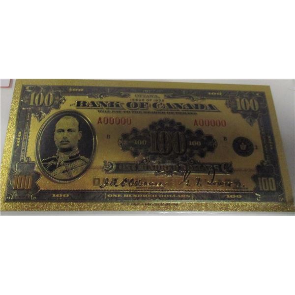 1935 BANK OF CANADA GOLD SHIELD $100 BILL (NOT LEGAL TENDER)