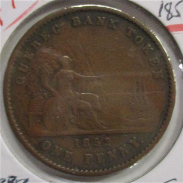 1852 PROVINCE OF CANADA QUEBEC BANK TOKEN LARGE PENNY