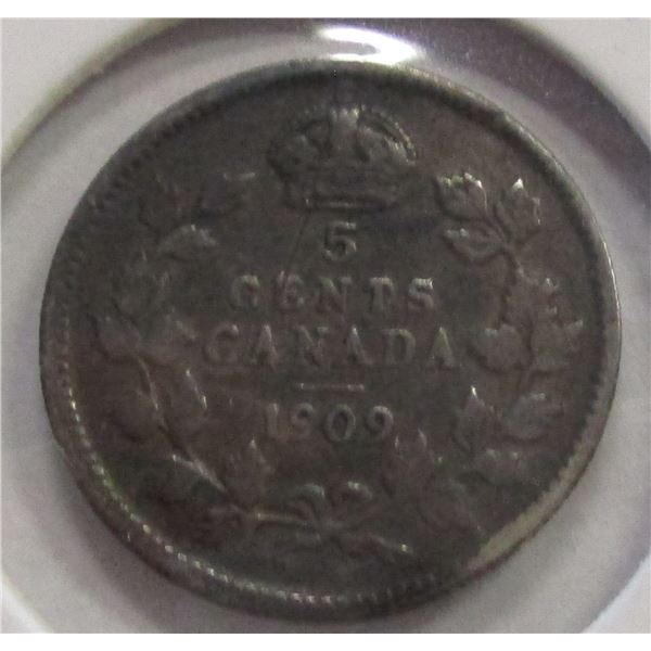 1909 POINTED LEAVES CANADA KING EDWARD VII SILVER FIVE CENT