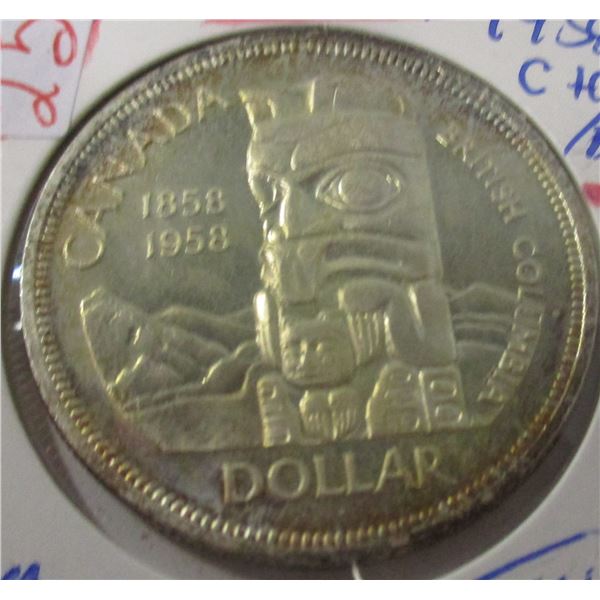 1958 BRITISH COLUMBIA TOTEM POLE CH/BU CANADA SILVER DOLLAR