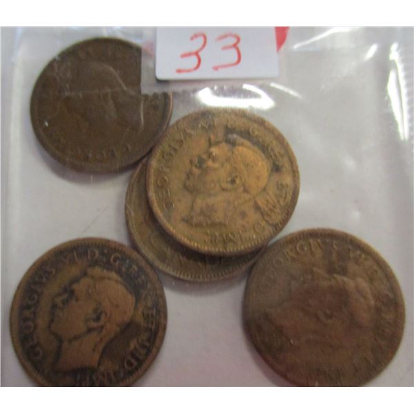 1938 LOT OF 5 LAST OF CANADA KING GEORGE VI PENNIES