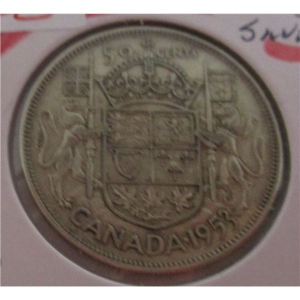 1953 NO SHOULDER STRAP CANADA SILVER HALF DOLLAR