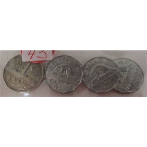 1951 SMOKE STACK, 1952, 1953 & 1954 BEAVER CANADA NICKELS