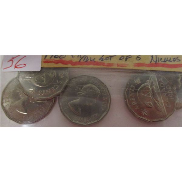 1960 CH/BU LOT OF 5 MINT STATE NICKELS