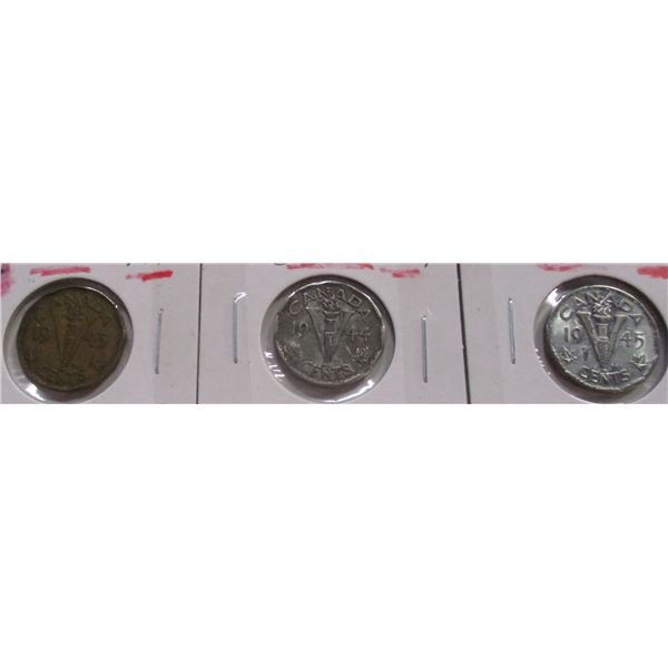 1943 WARTIME VICTORY, 1944, 1945 VICTORY NICKEL SET