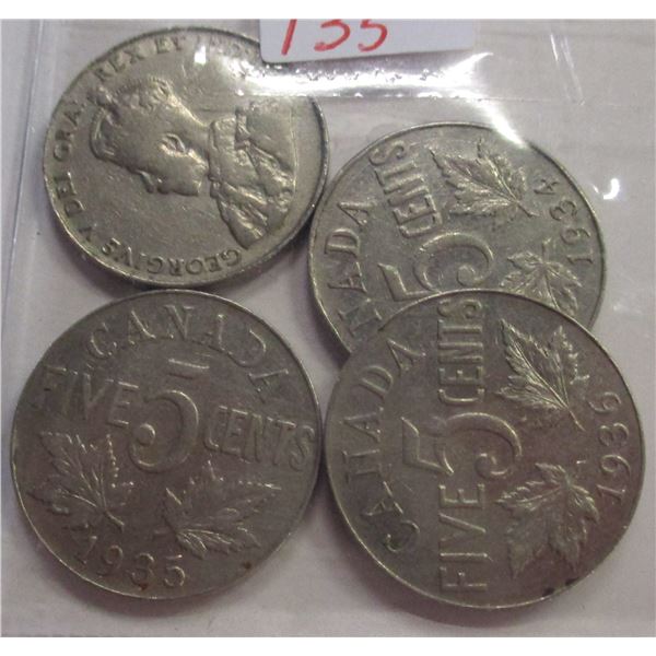 1924, 1934, 1935, 1936 CANADA KING GEORGE V NICKELS