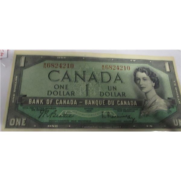 1954 (OFF CENTER) AU LAST OF BANK OF CANADA $1 BILL