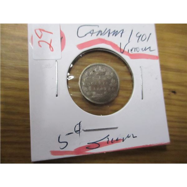 1901 CANADA VICTORIAN SILVER FIVE CENT
