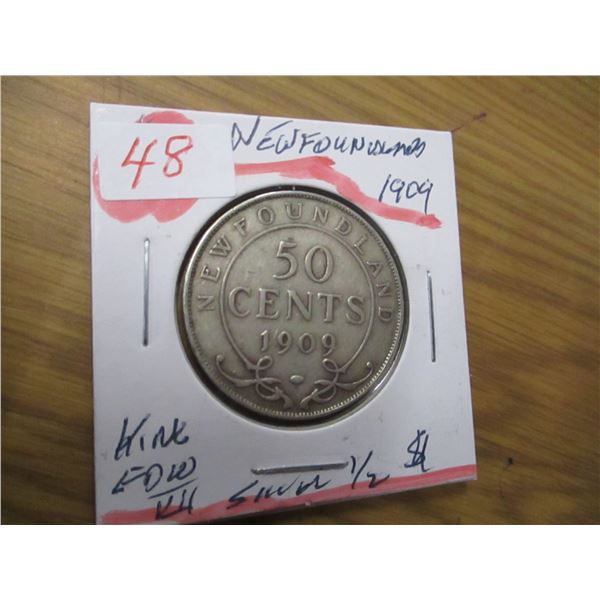 1909 NEWFOUNDLAND KING EDWARD VII SILVER HALF DOLLAR