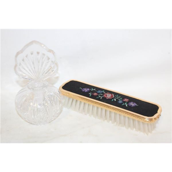 VINTAGE GLASS PERFUME BOTTLE & NEEDLE POINT BRUSH