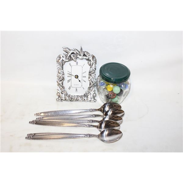 PEWTER QUARTZ CLOCK, 6 SPOONS AND