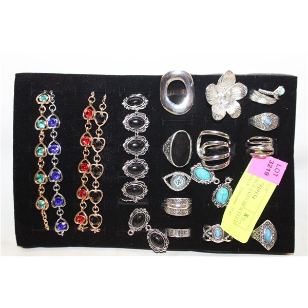 TRAY W/12 RINGS AND 5 BRACELETS SET AND EARINGS