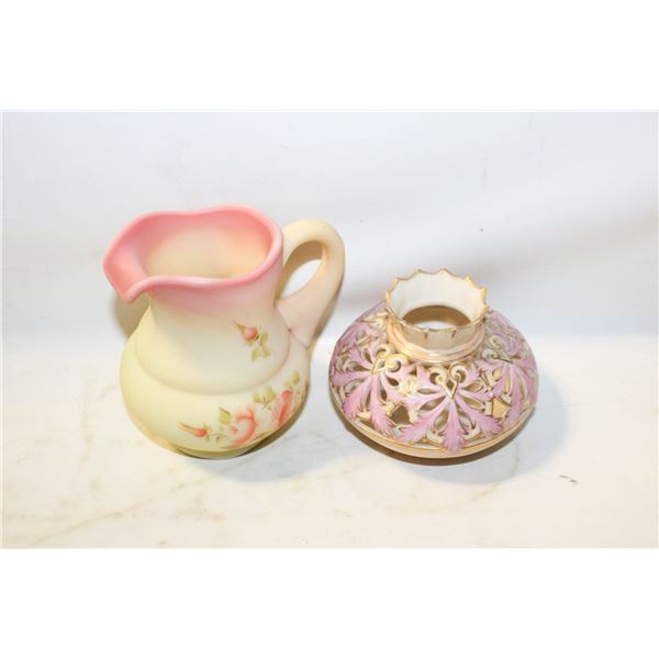 ANTIQUE CUSTARD GLASS PITCHER - HAND PAINTED WITH