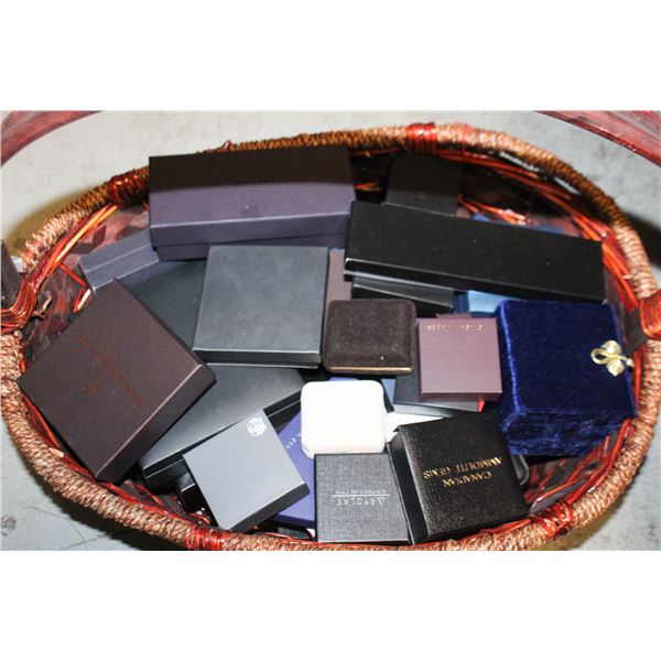 QTY 40 JEWELRY BOXES IN WICKER BASKET