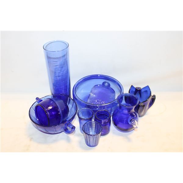 VINTAGE BLUE GLASS PIECES- BOX LOT ASSORTED