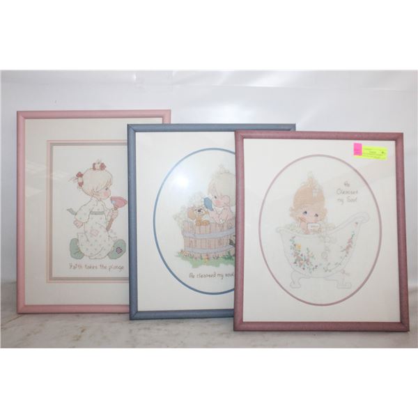 PRECIOUS MOMENTS FRAMED CROSS STITCH ART 3PC LOT