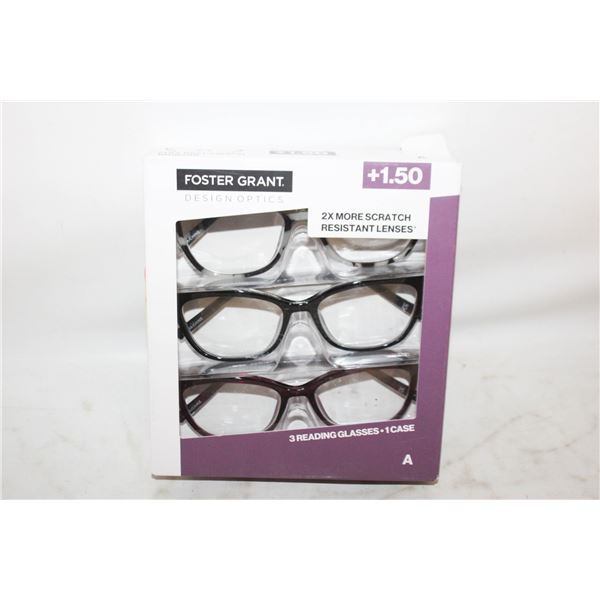 FOSTER GRANT 3 READING GLASSES, 1 CASE, +1.50 LDS