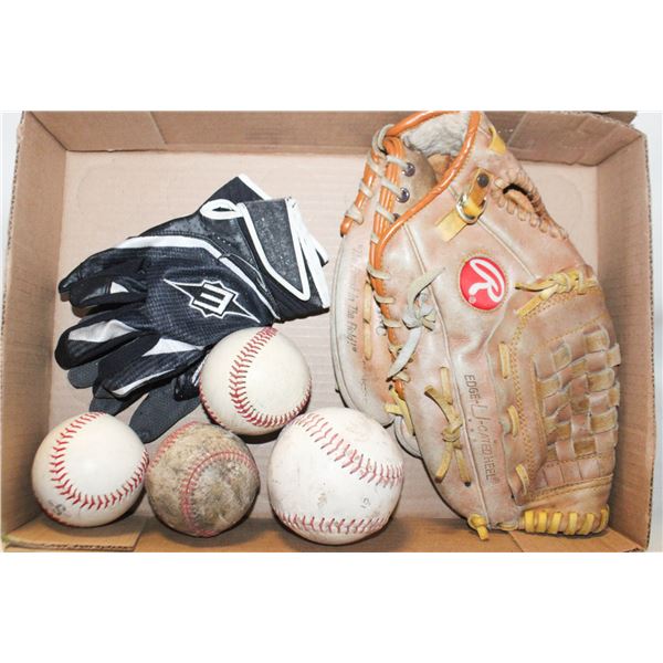 RAWLINGS BALL GLOVE WITH BASEBALLS AND