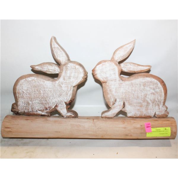 CARVED WOOD RABBITS ON A LOG- 19" X 11"