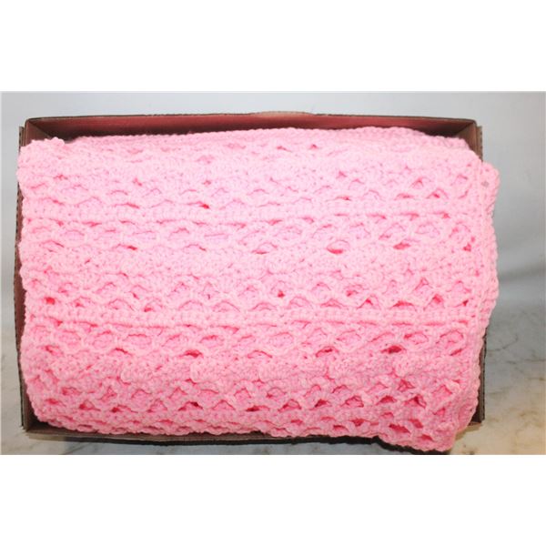 NEW HAND-KNITTED PINK BABY BLANKET 62"X42"