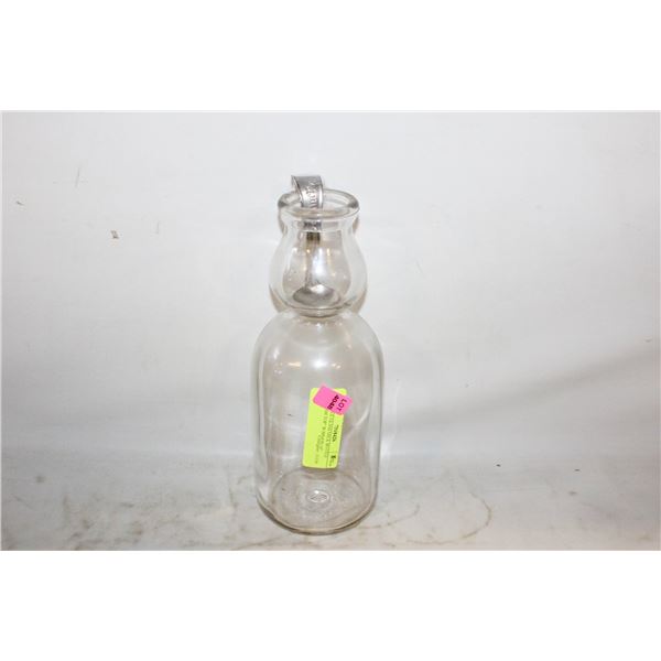 ANTIQUE GLASS MILK BOTTLE "CREAM TOP" W/SPOON 10"