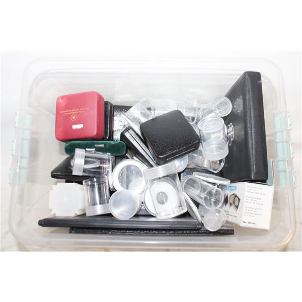 BIN WITH COIN HOLDERS, TUBES AND BOOKS