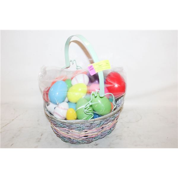 VINTAGE EASTER BASKET FILLED WITH PLASTIC EGGS