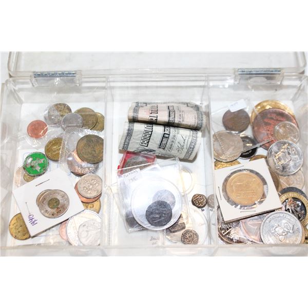 BIN WITH VARIOUS TOKENS, COINS AND