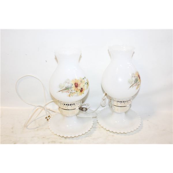 1960'S MILK GLASS HURRICANE TABLE LAMPS,