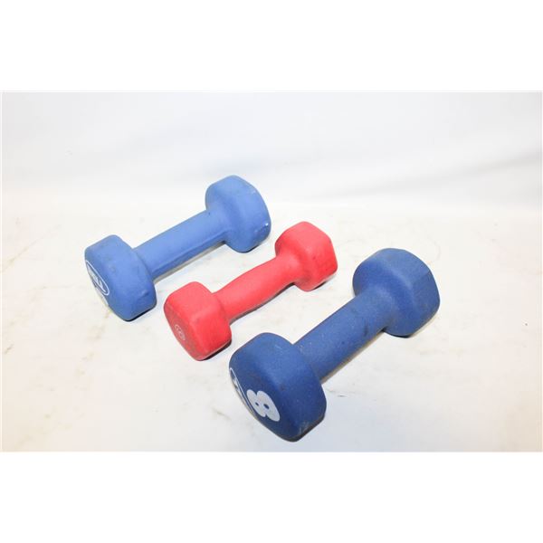 3 DUMBELLS  2X8 POUNDS  1X5 POUND