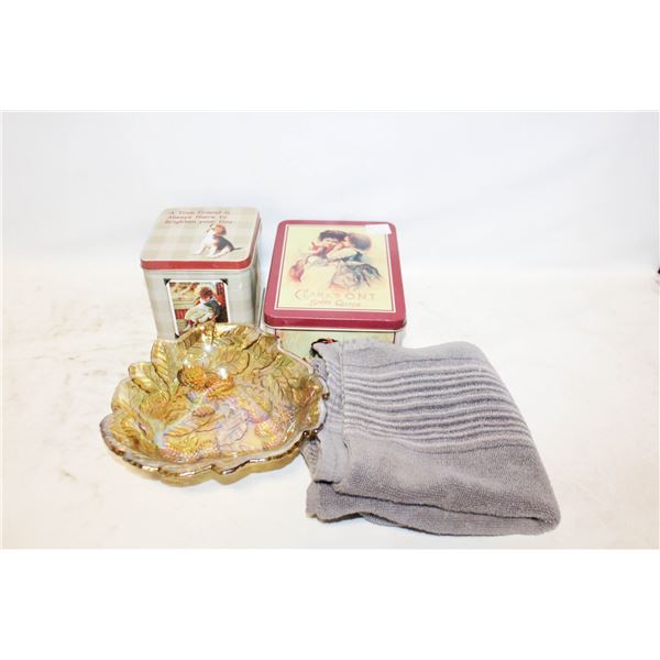 INDIANA CARNIVAL GLASS BOWL & COLLECTOR TINS