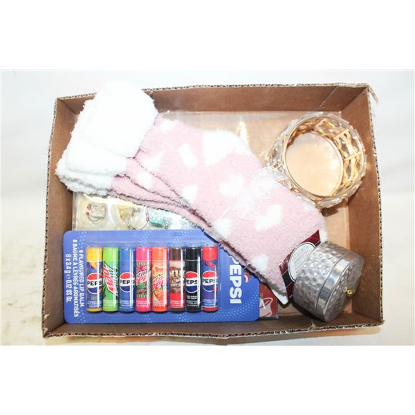 2 PAIR COZY SOCKS, NEW 8 FLAVORED LIP BALM SODA