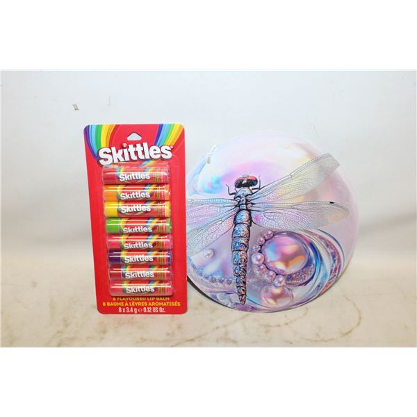 NEW 8 SKITTLES LIP BALMS & DRAGONFLY HANGING