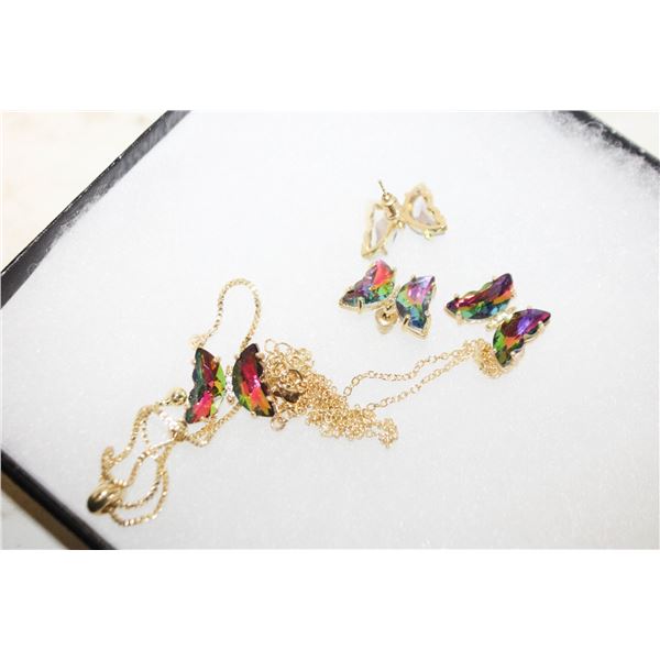 IRIDESCENT BUTTERFLY NECKLACE, EARRINGS &