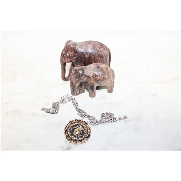 SILVERTONE ELEPHANT BRACELET, 2 CARVED ELEPHANTS