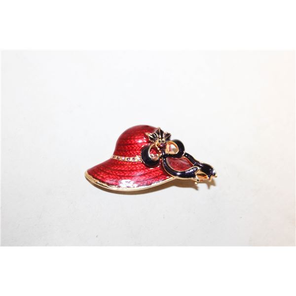 RED HAT SOCIETY ENAMELED METAL BROOCH