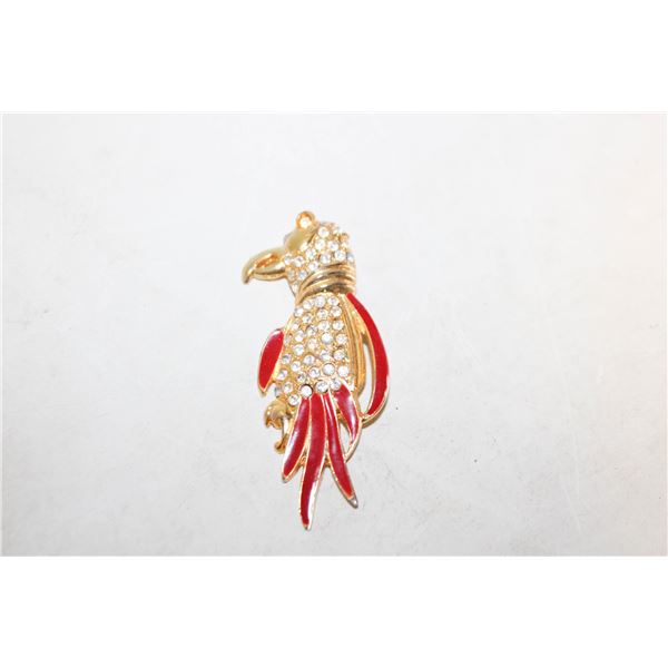 VINTAGE CLEAR RHINESTONE RED ENAMEL PARROT BROOCH