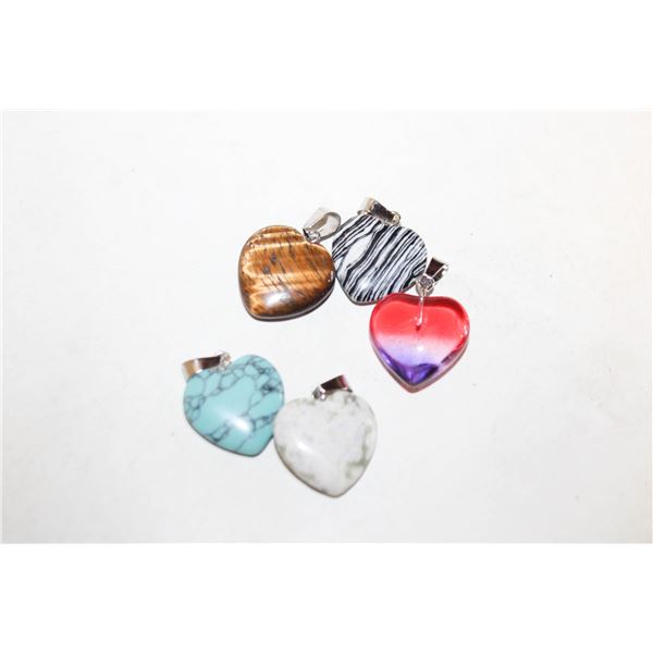 5 HEART PENDANTS , NATURAL STONES, HEALING