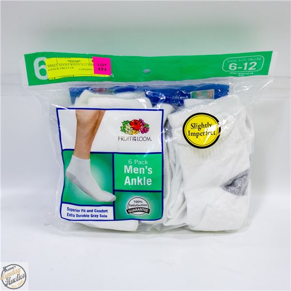 ANKLE SOCKS WHITE 6-12 SIZE 6-PACK FRUIT OF