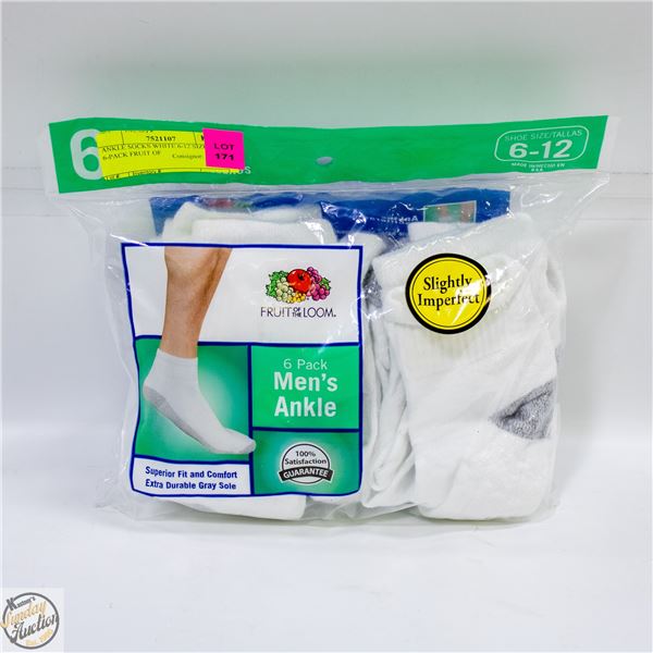ANKLE SOCKS WHITE 6-12 SIZE 6-PACK FRUIT OF