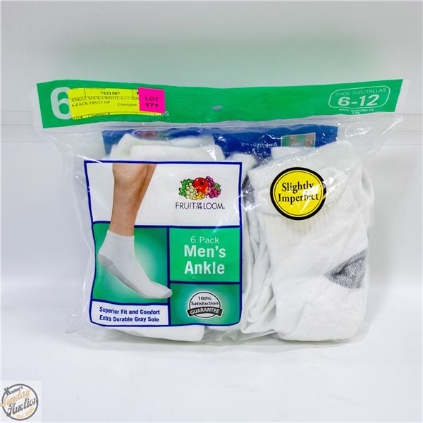 ANKLE SOCKS WHITE 6-12 SIZE 6-PACK FRUIT OF
